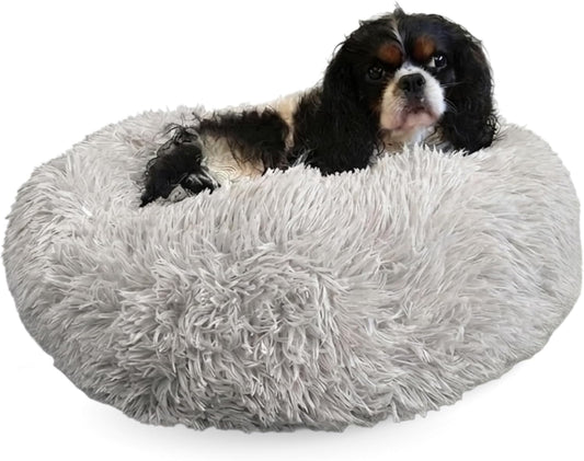 Active Pets Premium Small Donut Dog Bed, Fits up to 45 Lbs, Machine Washable Cushion, Plush Long Pile Faux Fur Fabric, Portable Light Grey Pet Bed Furniture for Puppies Adult Canines & Cats