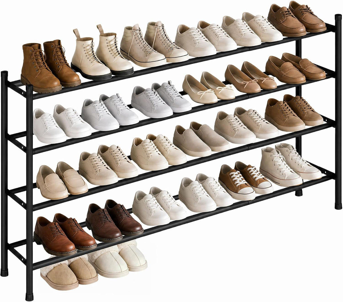 STORAGE MANIAC Long Expandable Shoe Rack, Holds up 24 Pairs, Black 4 Tiers