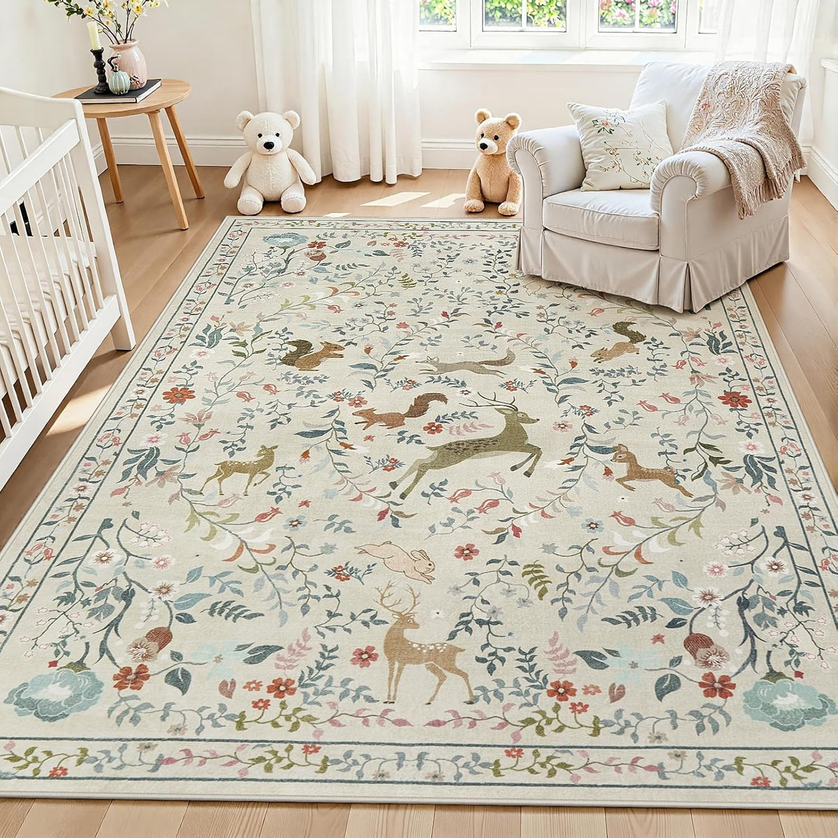 5X7 Area Rugs Boho Floral Washable Living Room Rug Neutral Carpet Nursery