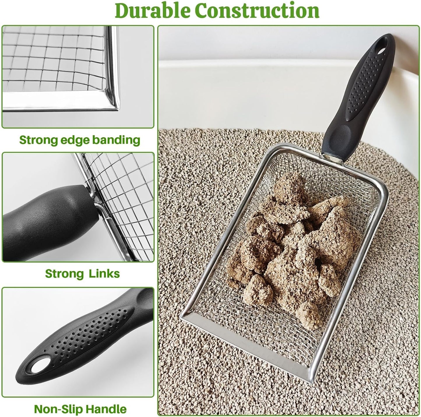 2Pcs Cat Litter Scoop Metal Stainless Steel Mesh Kitty Litter Scoop with Hook, Cat Scooper for Litter Box, Filter Small Pieces Quickly, Easy to Clean and Durable (3Mm/5Mm Mesh)