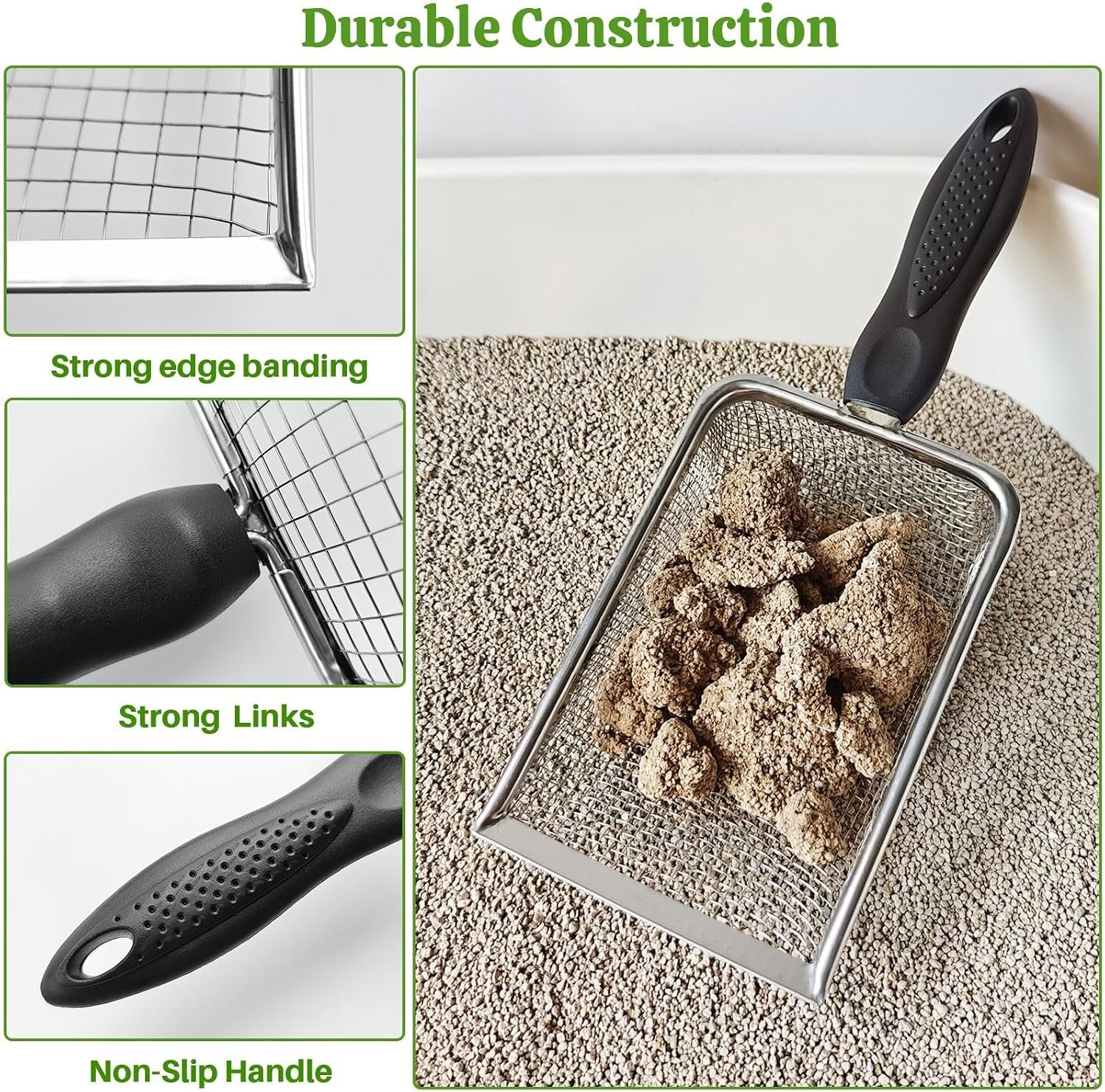 2Pcs Cat Litter Scoop Metal Stainless Steel Mesh Kitty Litter Scoop with Hook, Cat Scooper for Litter Box, Filter Small Pieces Quickly, Easy to Clean and Durable (3Mm/5Mm Mesh)