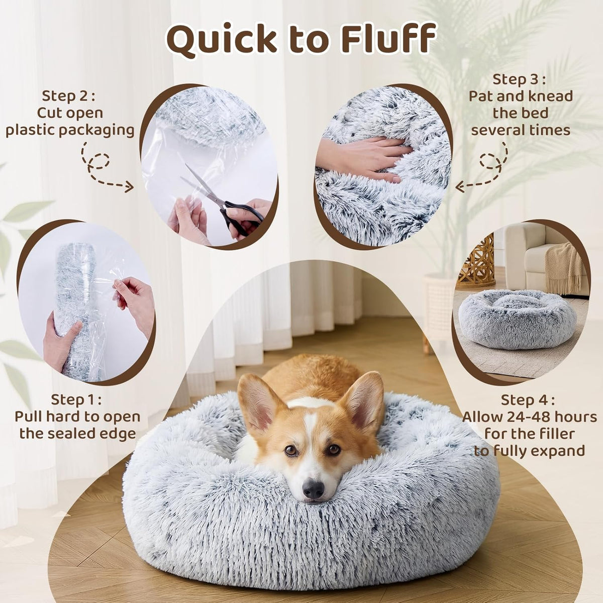 JOLLYVOGUE 23" Dog & Cat Bed, Calming Anti-Anxiety Pet Bed for Small Dogs, Fluffy Donut Cushion for Small and Medium Pets