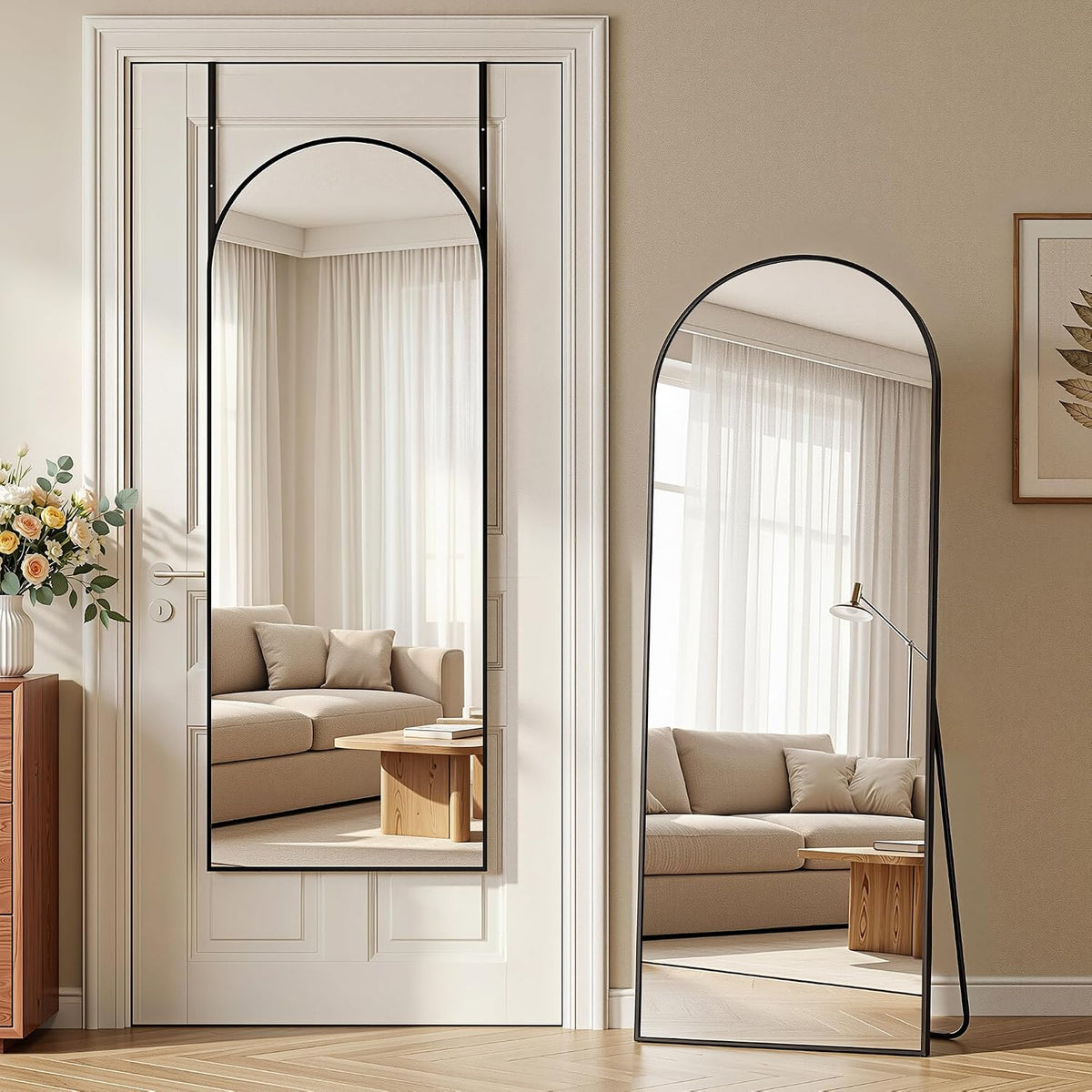 58"X20" over the Door Mirror, Arched Full Length Mirror, Black
