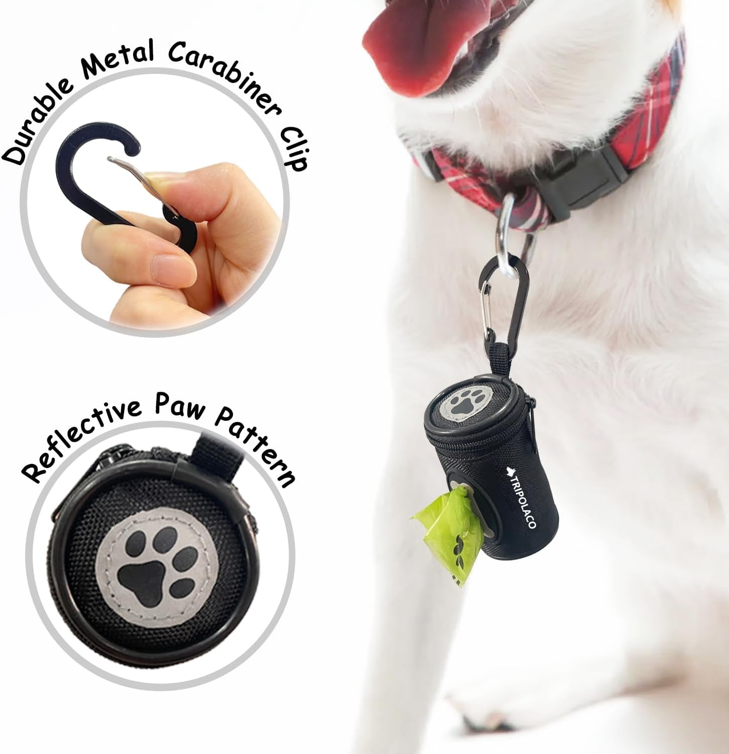 Dog Poop Bag Holder for Leash, Easy Release Doggie Poop Bag Dispenser, Fits Most Standard Poo Bags, Soft Fabric Dog Waste Bag Holder with Carabiner Clip, Compatible with All Leashes, Black