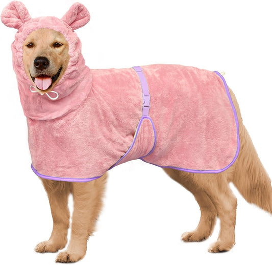 Dog Bathrobe Super Absorbent Towel Robe - Microfiber Bath Towels Fast Drying Coat for Dogs, Cute Dogs Clothes Adjustable Collar & Belly Strap Warm Keeping Hooded Dog Towel (Pink, X-Large)