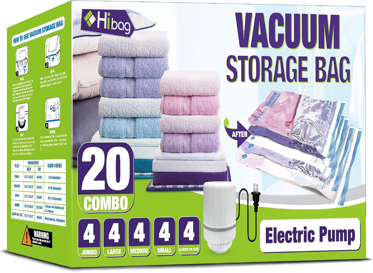 HIBAG Vacuum Storage Bags with Electric Pump, Vacuum Seal Bags for Clothing, Pillows, Blanket Bedding Comforters, 20 Pack