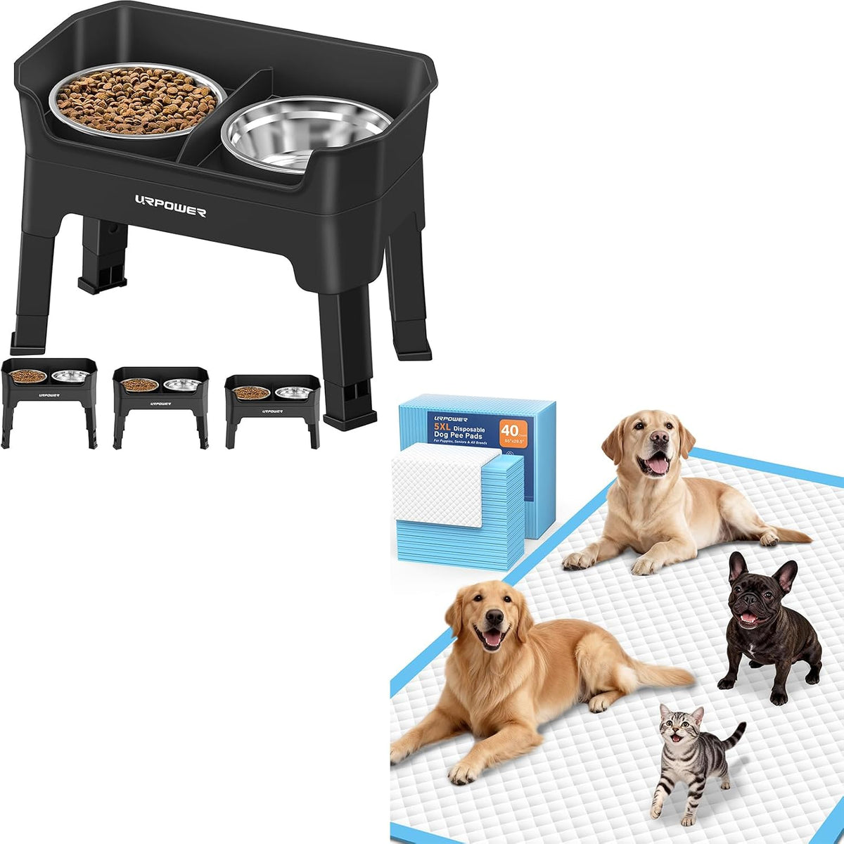 URPOWER 3-In-1 Elevated Slow Feeder Dog Bowls with No-Spill Water Bowl & 40 Pack Extra Large Dog Pee Pads 55"X29.5"