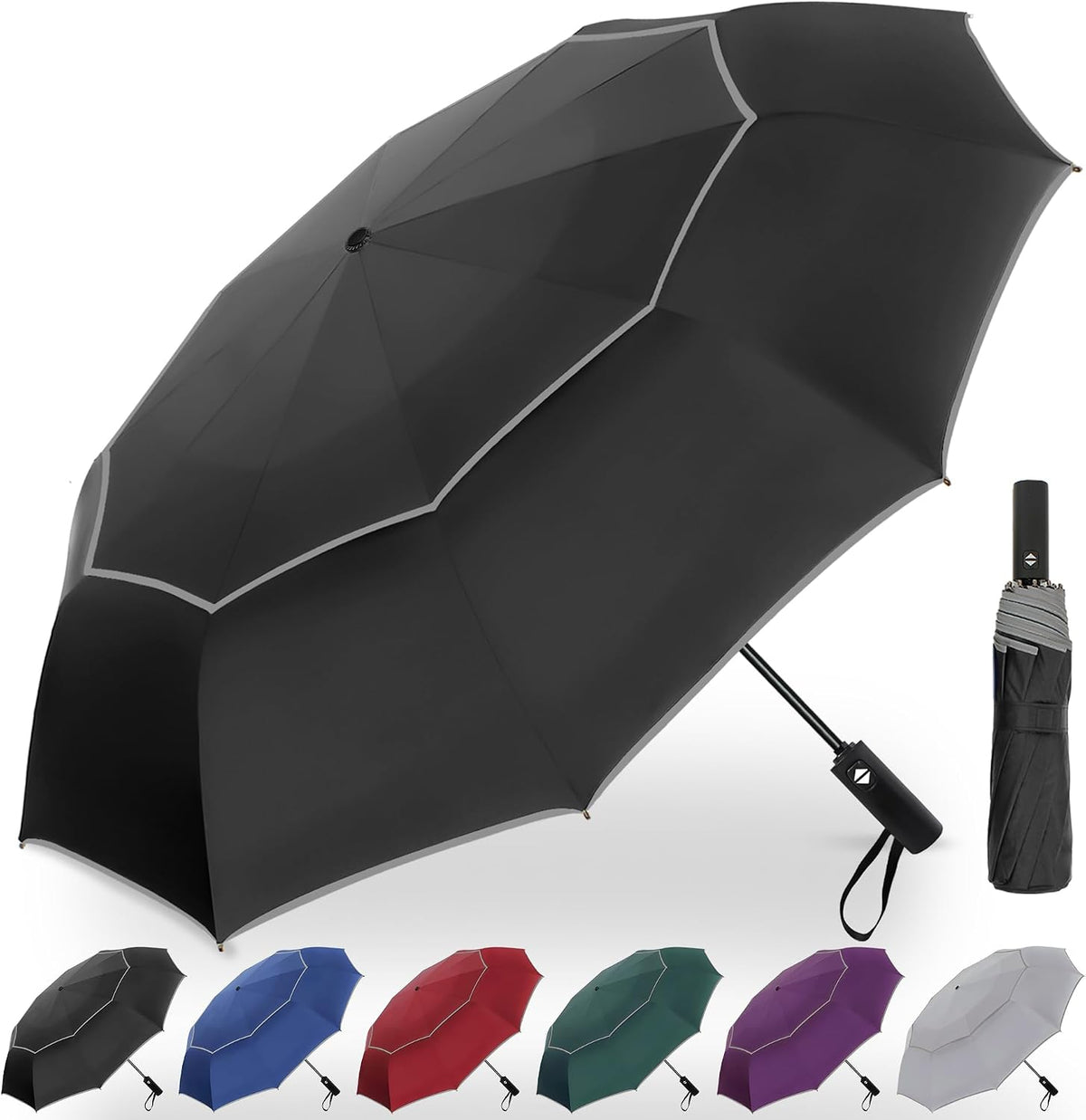 Satol Extra Large Golf Umbrella, 46/54/62 Inch Windproof 10 Ribs Vented Double Canopy Reflective Strips Automatic Open/Close Waterproof UV Protection Portable Compact Umbrella for Outdoor & Travel