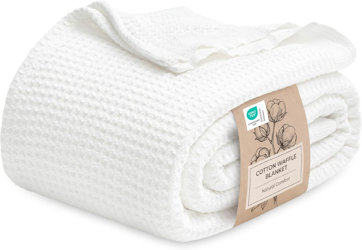 Bedsure 100% Cotton Blanket, Waffle Weave, Queen Size, White, 90"X90"