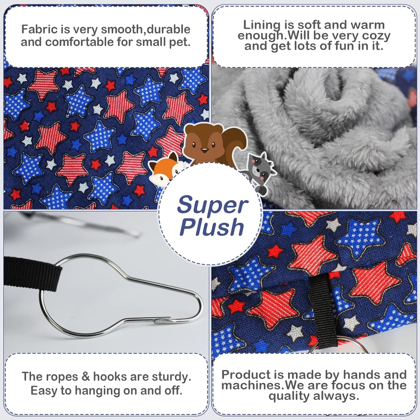 Petonfun Ferret Rat Hammock Set Guinea Pig Hideout Bed,Soft Hamster Toys Hanging Tunnels and Tubes,Plush Small Animal Pet Chinchilla for Cage Accessories Hide,Play and Sleep,2 Pack,Blue Star