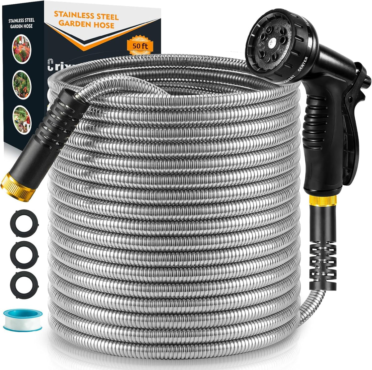 Garden Hose 50 Ft, Stainless Steel Water Hose 50Ft Heavy Duty with 10 Function Nozzle, Flexible No-Kink Metal Hose 50 Feet, Pet-Proof Water Pipe for outside Yard