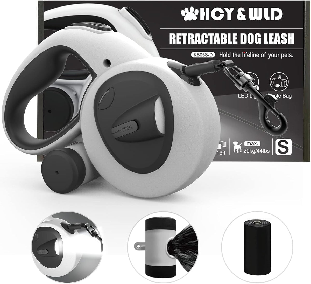 4-In-1 Retractable Dog Leash with LED Light & Dispenser & Poop Bags