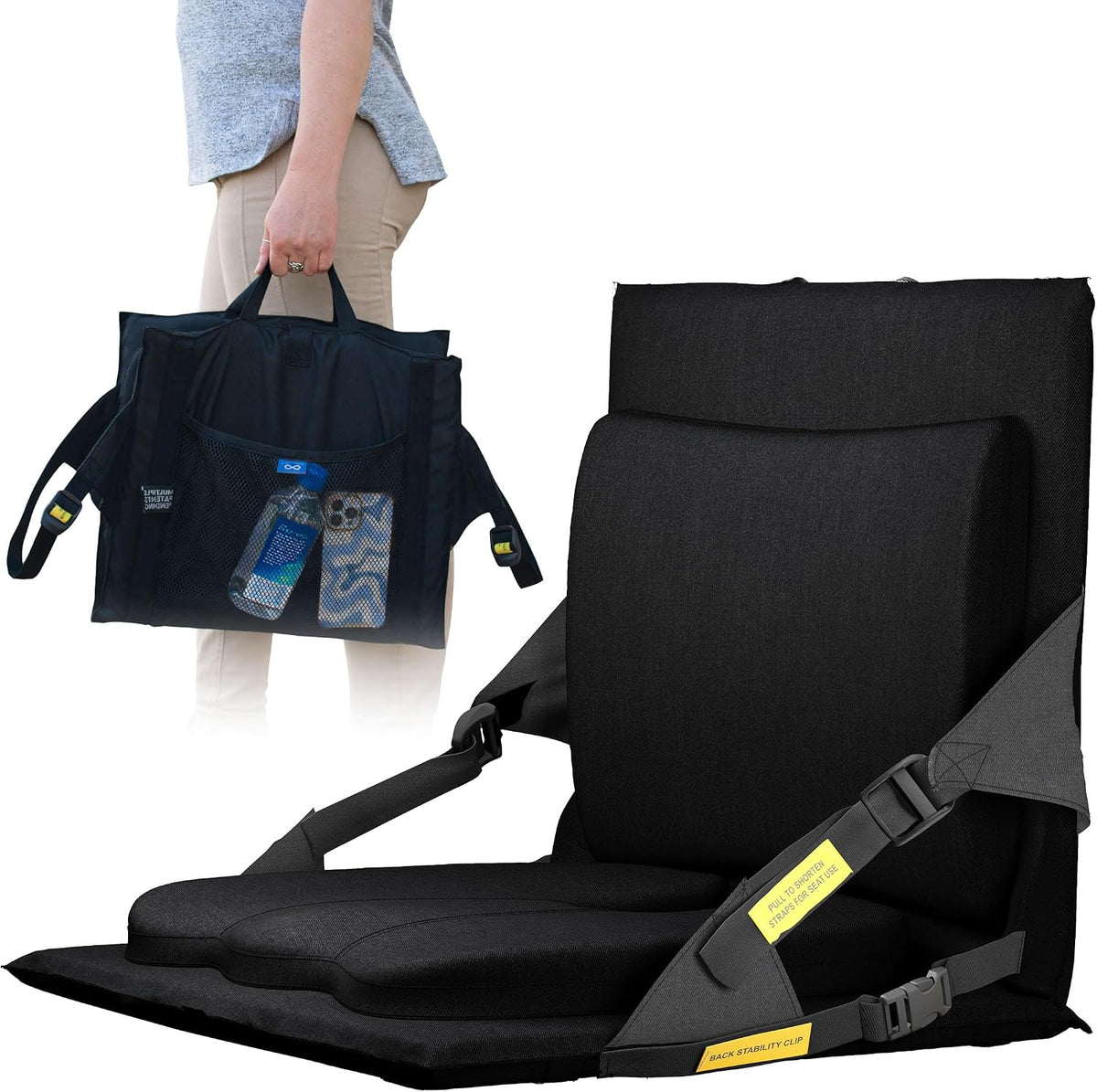 Everlasting Comfort Stadium Seats with Back Support - Adjustable Memory Foam Bleacher Chairs with Back and Cushion, Portable, Easy Folding Stadium Seat Cushion with Storage Pocket (Reinforced)