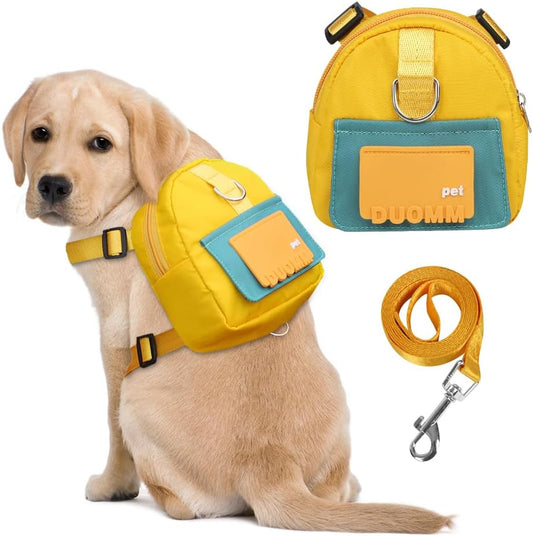 Dog Backpack Harness with Leash,Cute Pet Puppy Backpacks Bulid-In Dog Poop Bag Dispenser,Adjustable Pets Self Carrier Bag for Small Medium Dogs Travel Hiking Daily Walking(M, Yellow)