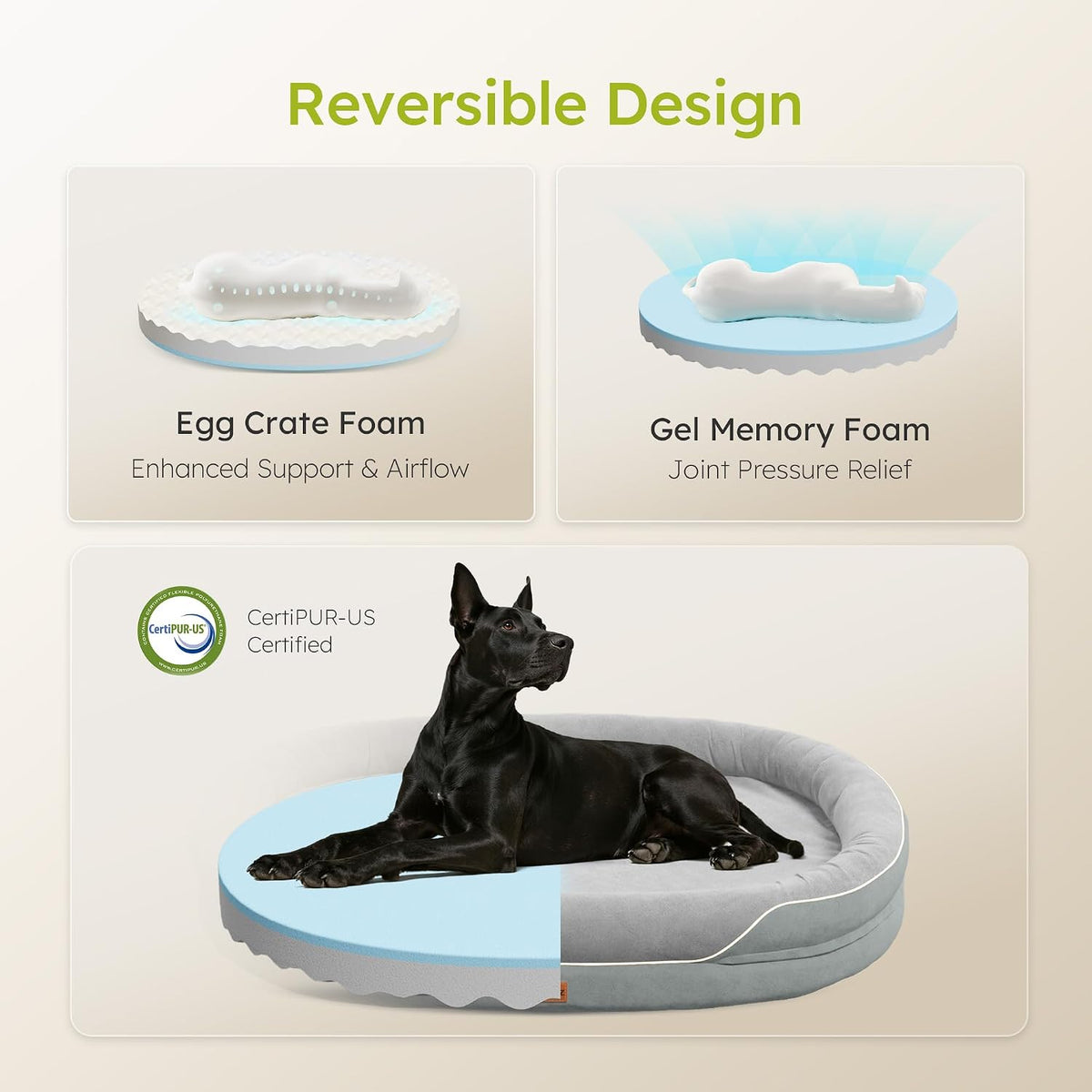 CWAWZ XXL Orthopedic Dog Bed, 53 In. Dog Bed for Large Sized Dogs with Full-Surround Bolsters, Dual-Sided Dog Cooling Beds with Memory Foam, Washable Pet Sofa Couch with Nonslip Bottom, Light Grey