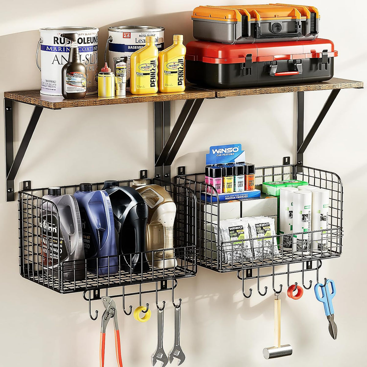 Housolution Garage Shelving Wall Mounted with Basket & Hook up to 154 LBS