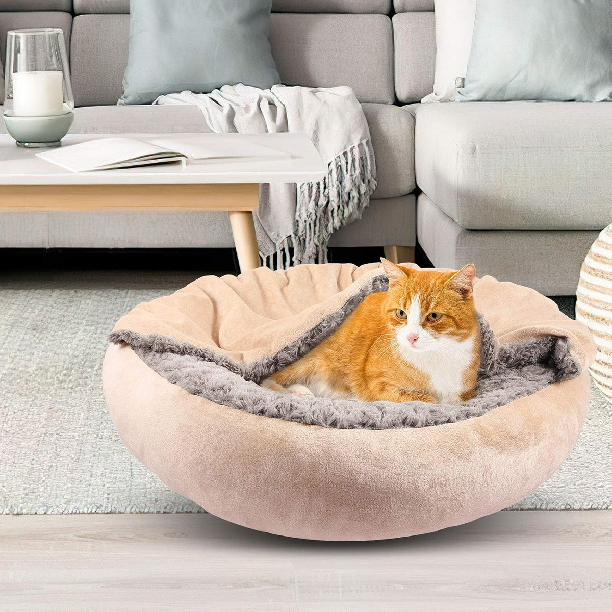 GASUR Small Dog & Cat Bed, 23'' Donut Pet Bed Mat with Hooded Blanket, Anti-Anxiety Burrow Cave Bed, Cozy Puppy Bed, Machine Washable, for Indoor Pets up to 20Lbs