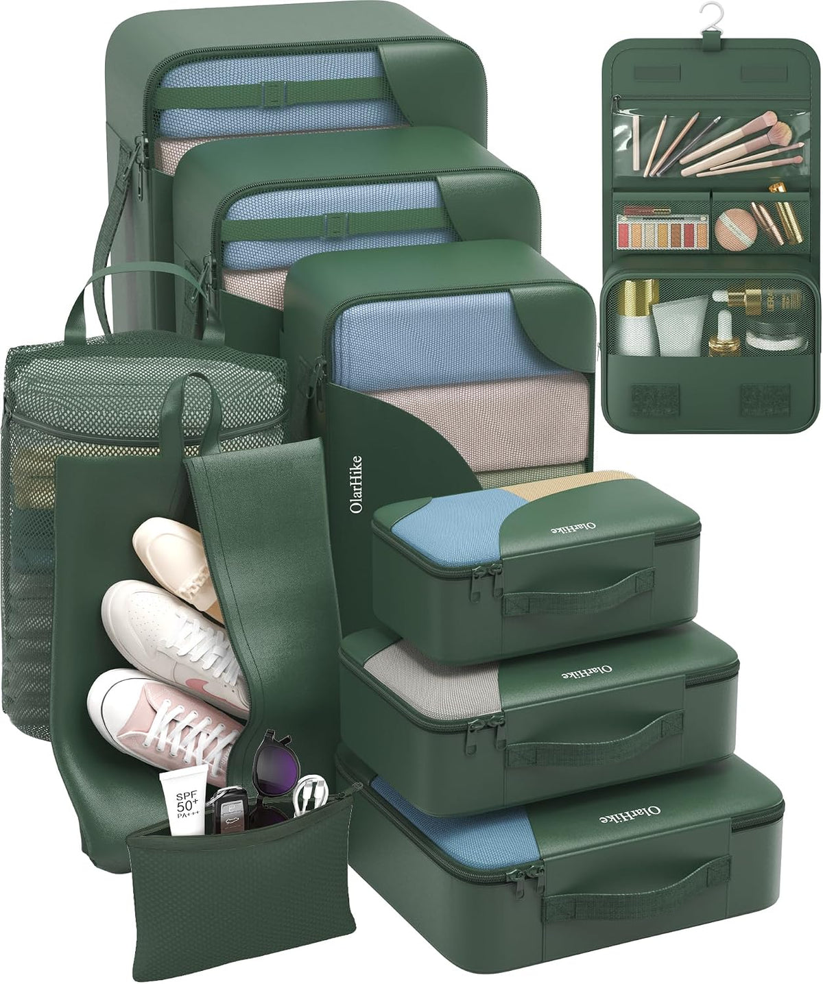 Olarhike Packing Cubes for Travel,Gifts for Women Mom,Anti-Tearing Suitcase Organizer for Luggage with Shoe & Hanging Toiletry Bag,Vacation Essentials & Accessories for Cruise Ship,10 Set,Dark Green