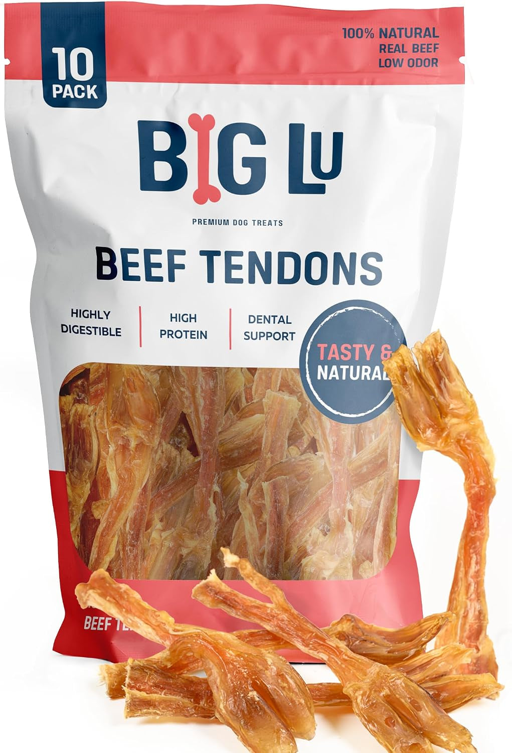 Big Lu- Beef Tendons for Dogs, 5–8 Inch, (10 Pack), 100% Real Beef Tendon Dog Chews, Naturally Rich in Collagen, Long-Lasting, High Protein, Rawhide-Free, Perfect for Medium Dogs