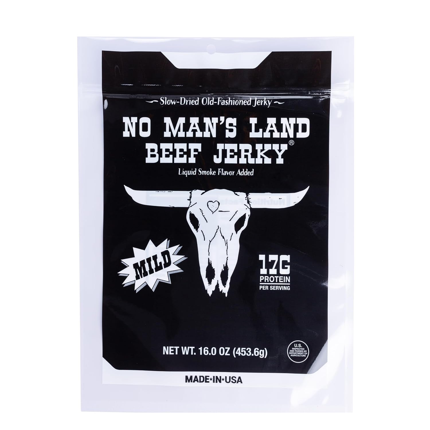 No Mans Land Slow-Dried Beef Jerky | Smoked & Seasoned Jerky Strips | High Protein, Low Carb Beef Snack | Gluten Free - MILD (16Oz)
