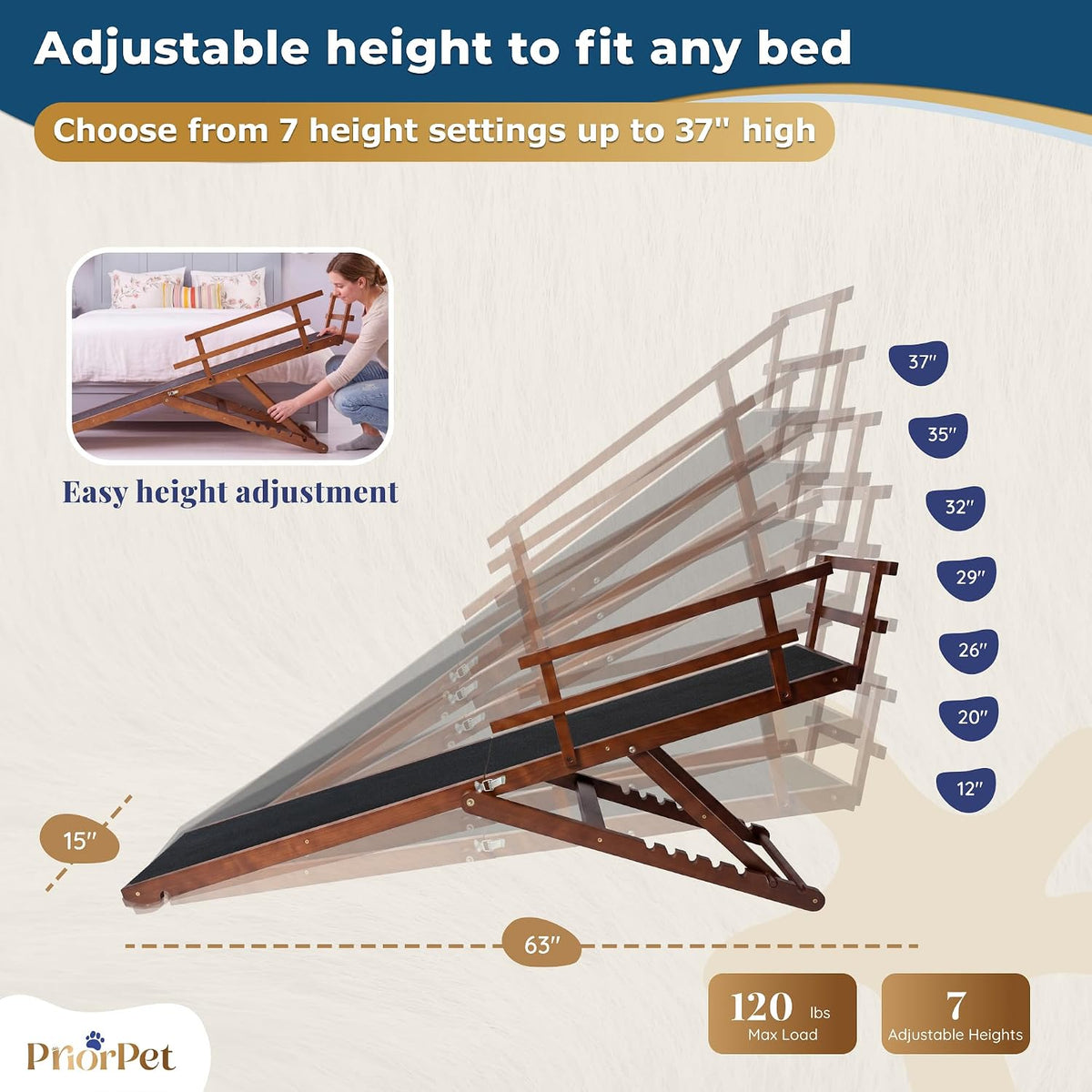 Dog Ramp for Bed - PRIORPET Birchwood Adjustable Ramp for Dogs to Get on Bed: Dog Ramps for High Beds up to 37 Inches – Foldable Ramp, Anti-Slip Grip & Safety Rails, Small Dogs up to 120Lbs – Walnut