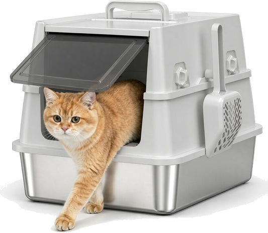 Stainless Steel Litter Box with Lid, Heavy Duty Extra Large Enclosed Metal Cat Litter Pan, Built-In Carry Handle & 120° Flip-Top for Easy Clean, Leak-Proof with Cat Scoop Holder & Odor Control, Gray