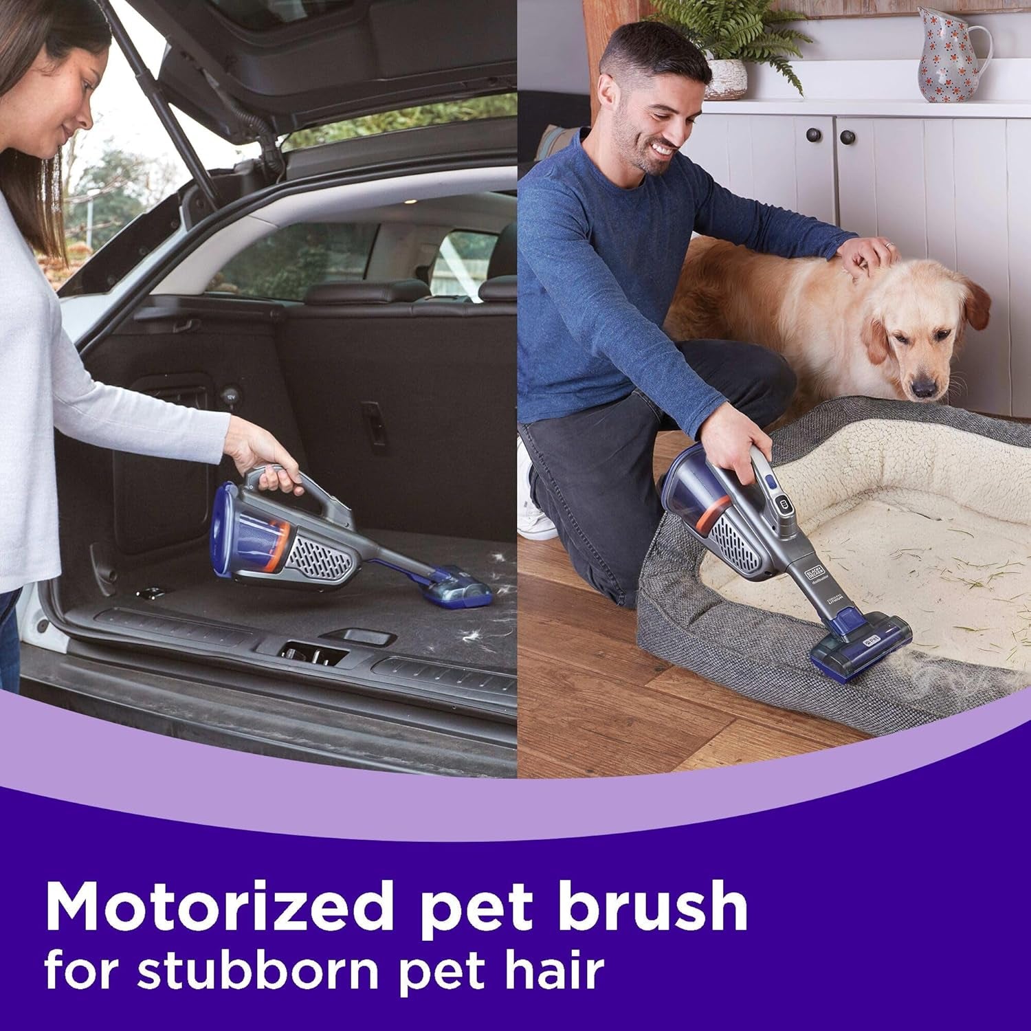 BLACK+DECKER Dustbuster Furbuster Pet Hair Vacuum with Motorized Pet Hair Brush, Handheld Vacuum Cordless for Home and Car, Rechargeable, Portable, Powerful Suction, Advancedclean (HHVK515JP07)