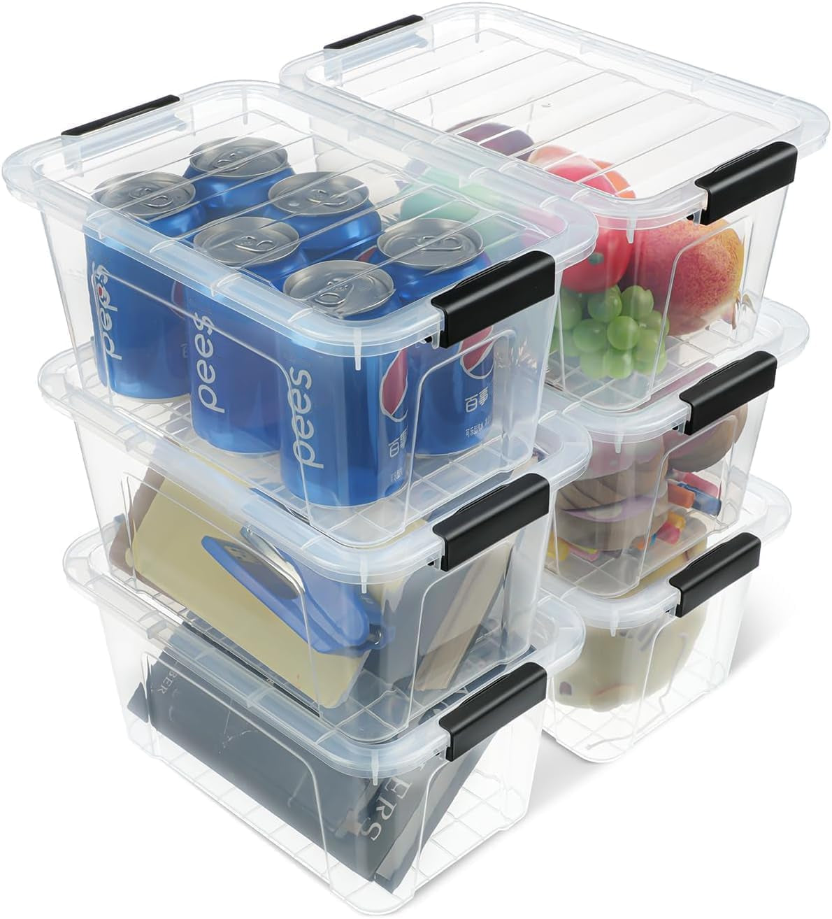 EOENVIVS Plastic Storage Bins with Lids 6 Pack, 6.7 Quart Storage Containers with Black Buckle Latch, Stackable Storage Organizers for Home Pantry Office Classroom Organization, Clear