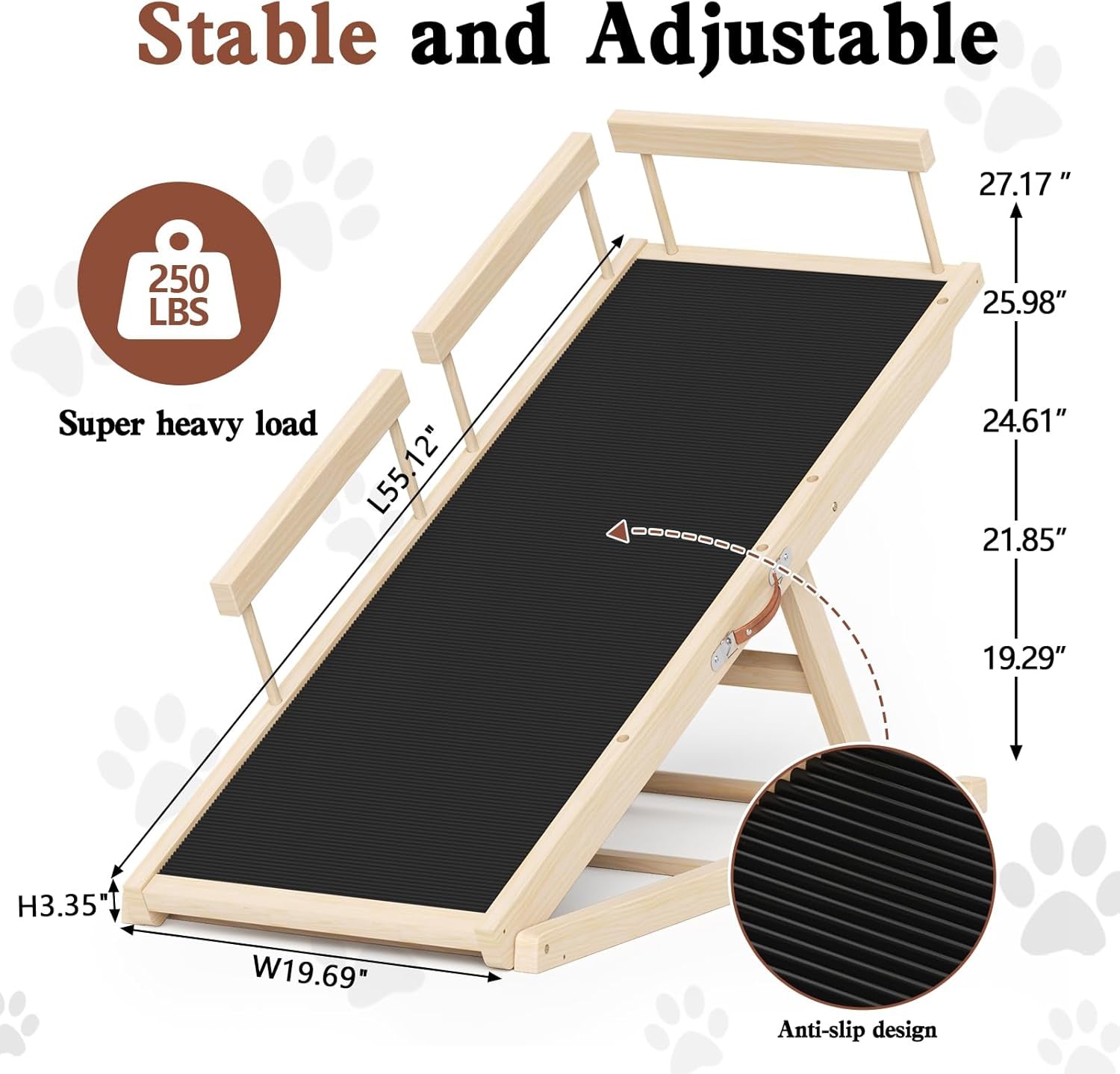 Dog Ramp for High Bed, Couch, Car, Pet Ramps 55.12" Long Adjustable 19.3"-27.17" Wooden Dog Step with Anti-Slip Rubber Mat & Safety Side Rails for Small Medium Large Older Pets, up to 250 Lbs