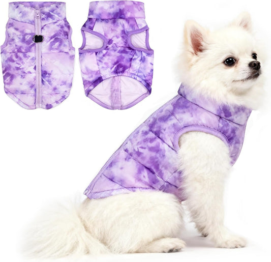 Idepet Pet Dog Cat Coat with Leash Anchor Color Patchwork Padded Puppy Vest Jacket Teddy Chihuahua Costumes Pug Cloth XS S M L(Medium,Purple Tie-Dye)