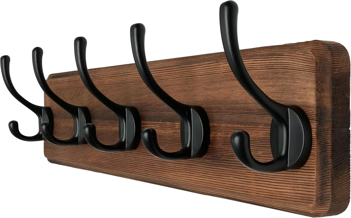 Dseap Wall Mounted Coat Rack: Patented, Heavy-Duty, 17.4" Long 5-Double-Hooks Wooden Hanger Rail for Winter Coats, Hat, Jacket, Clothing - Natural & Black