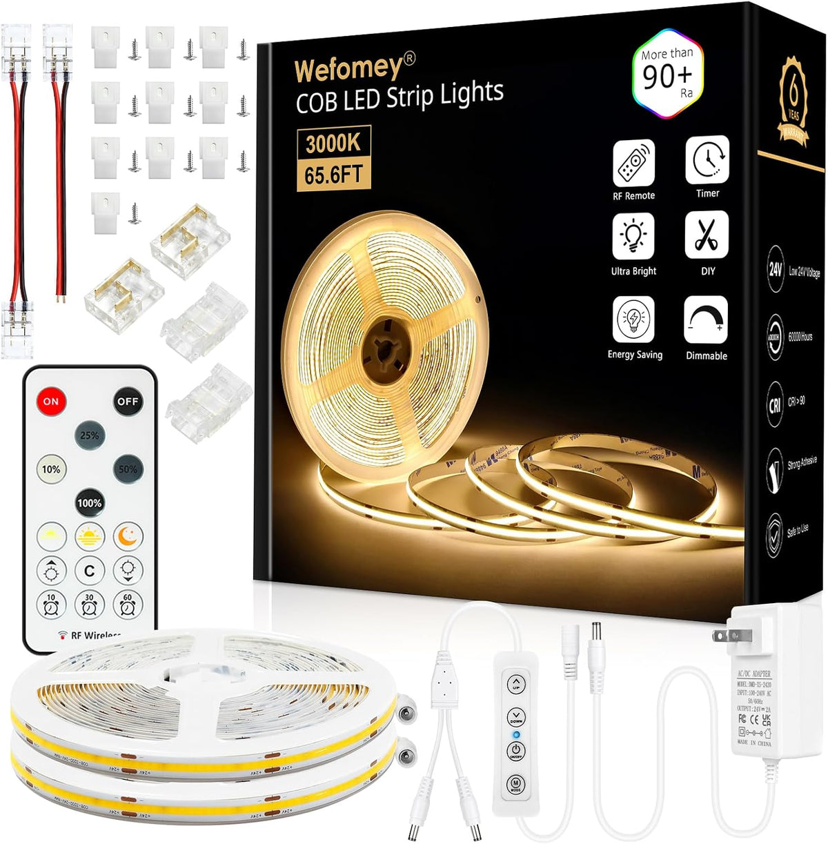 Wefomey 65.6Ft COB LED Strip Lights 3000K Bright Warm White Dimmable DC 24V