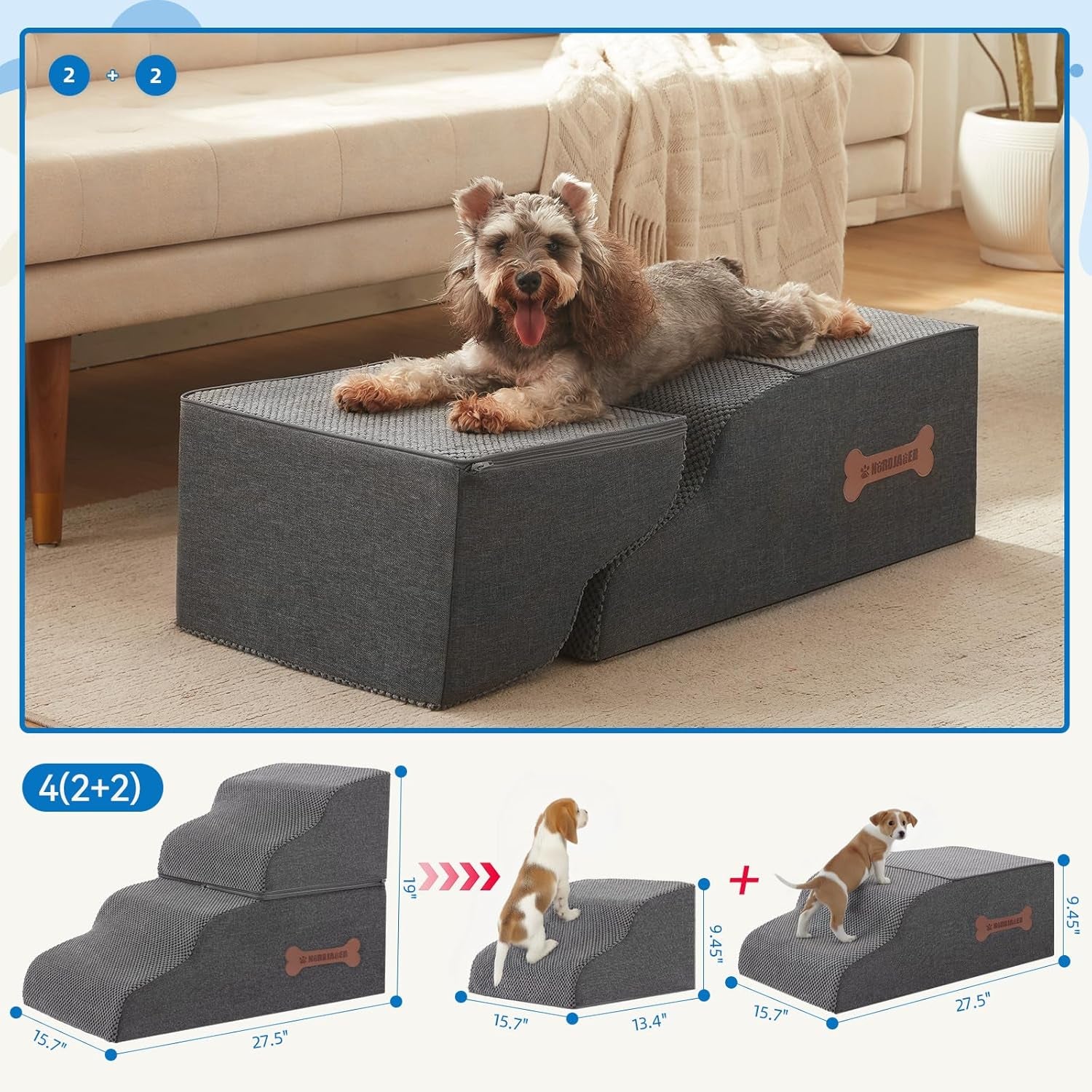 Dog Stairs 4 Steps for Small Dogs and Cats to Get on High Beds, Couch or Car, Pets Can Climb, Sit, Lie down or Perch to Look Out Windows on the Spliceable Ramp, Provides Support, Grey（19" H）
