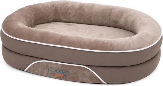 Orthopedic Dog Bed with Calming Bolster Sides, Faux Fur Interior, Non-Slip Base, Taupe and Beige, for Medium and Large Dogs