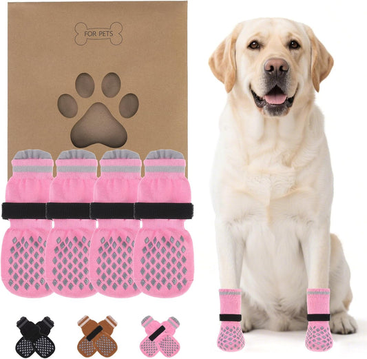Anti Slip Dog Socks Shoes for Hot Pavement to Prevent Licking Paws Scratching, Pet Boots & Paw Protector for Hardwood Floors, Dog Grip Booties for Small Medium Large Senior Dogs, Pink L