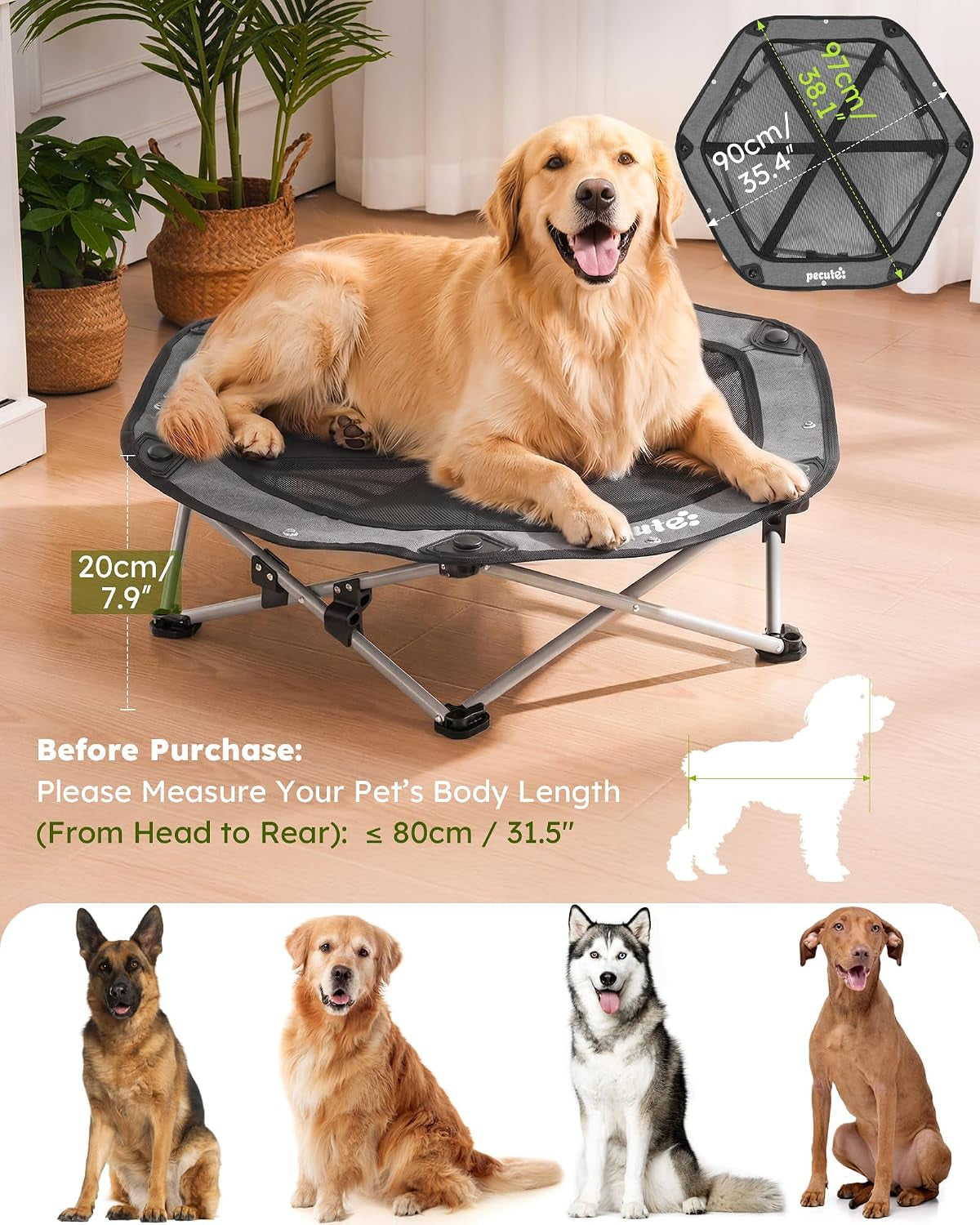 Pecute Raised Dog Bed with Cooling Mat, Elevated Pet Cot for Large Dogs, XL