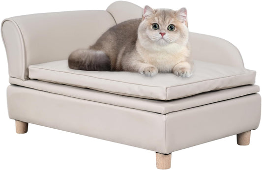 PU Leather Dog Sofa and Chair with Storage - Wooden Frame Cat Sofa Couch with Cushion,Small Pet Bed Sofa for Puppy and Cats (Pearl White)
