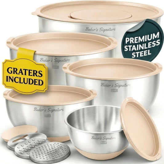 Baker'S Signature Stainless Steel Mixing Bowls with Lids Set, 5 Sizes