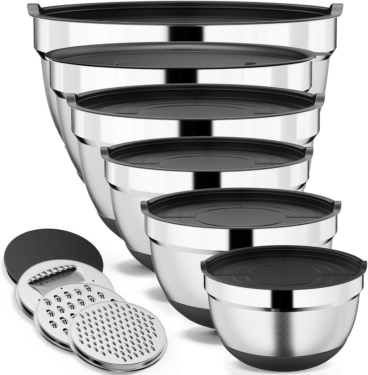 9 Pack Mixing Bowls with Airtight Lids & Grater Attachments, Black