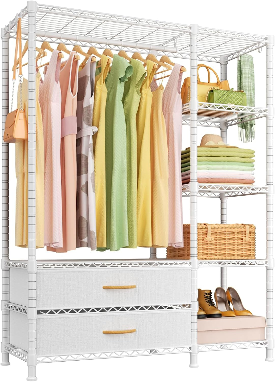 Ulif F3 Heavy Duty Clothes Rack（With Fabric Drawers）Freestanding Clothing Racks for Hanging Clothes，Adjustable Closet Organizer System，Portable Garment Rack 40" W X 15" D X 72" H，Max Load 700Lbs，White
