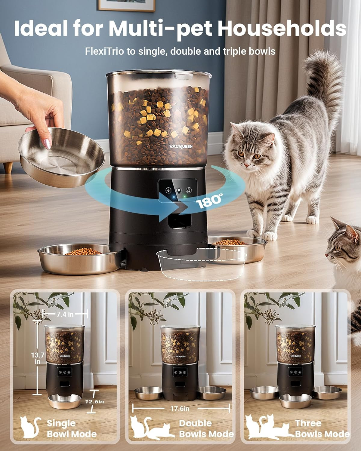 Automatic Cat Feeder for 3 Cats, 6L/25 Cups Smart Wifi Pet Feeder, Strong Anti-Jam System, Dual-Effect Desiccant Cat Food Dispenser, with 10S Voice Recorder for Cats and Small Dog(Black)