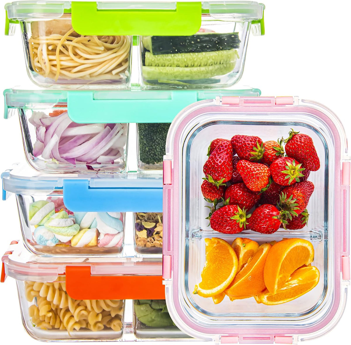 Glass Meal Prep Containers 2 Compartment with Lids (5 Pack, 34Oz)