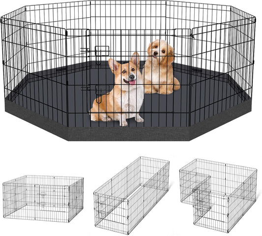 Dog Pen Pet Playpen Dog Fence Indoor Foldable Metal Wire Exercise Puppy Play Yard Pet Enclosure Indoor Outdoor 8 Panels 24 Inch with Bottom Pad/Top Cover (Black with Bottom Pad)