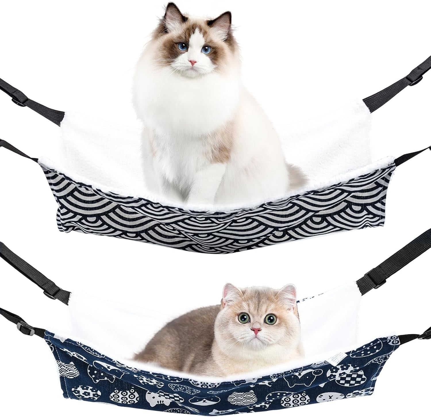 BCHARYA 2 Pieces Cat Hammock for Cage Hanging Reversible, Soft Pet Cage Hammock with Adjustable Straps, Double Hammock Suitable for Cats, Puppy, Ferrets, and Small Animals (M, CAT) ﻿