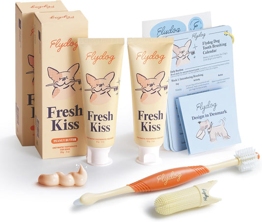 Flydog Fresh Kiss Dog Tooth Brushing Kit - Vet Approved Formula, Enzymatic Dog Toothpaste and Brush - Breath Freshener & Tartar Remover, 360° Toothbrush & Finger Brush, Dental Guide, Peanut Butter