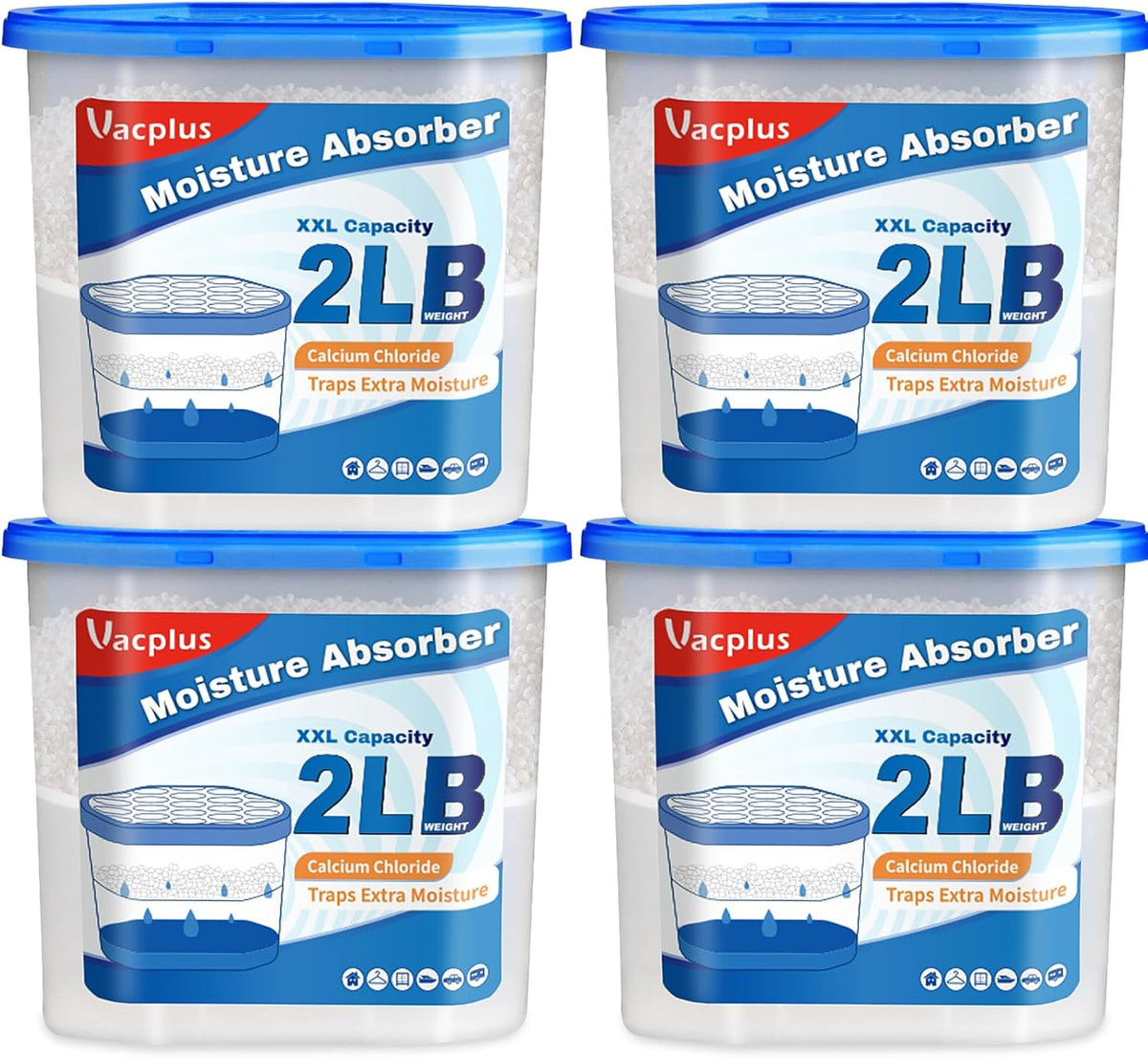 Vacplus Moisture Absorber, 2 LB, Strong Absorption, Fragrance Free, 4 Pack