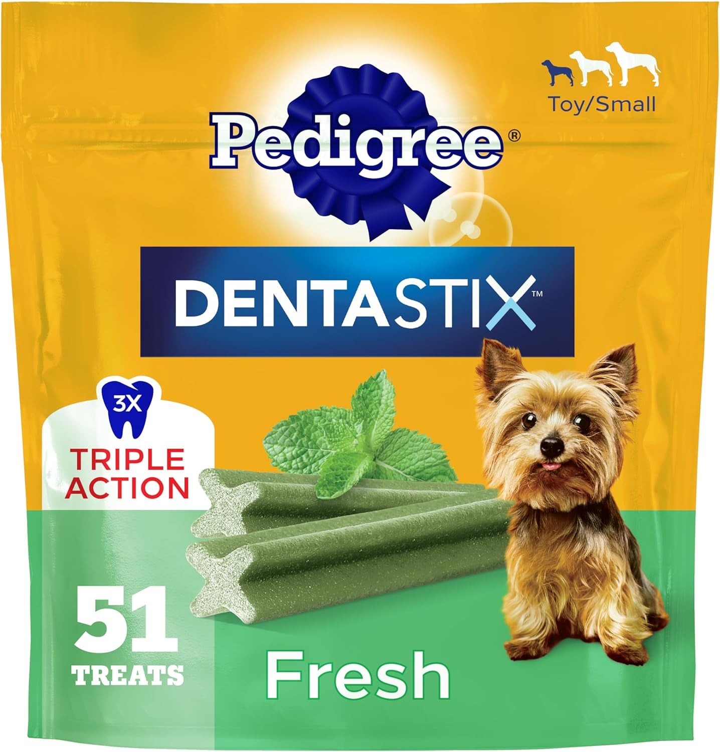 Pedigree Dentastix Dental Chews for Dogs, Small and Toy Breed Dog Treats, Fresh Flavor, 12.31 Oz. Bag (51 Treats Total)