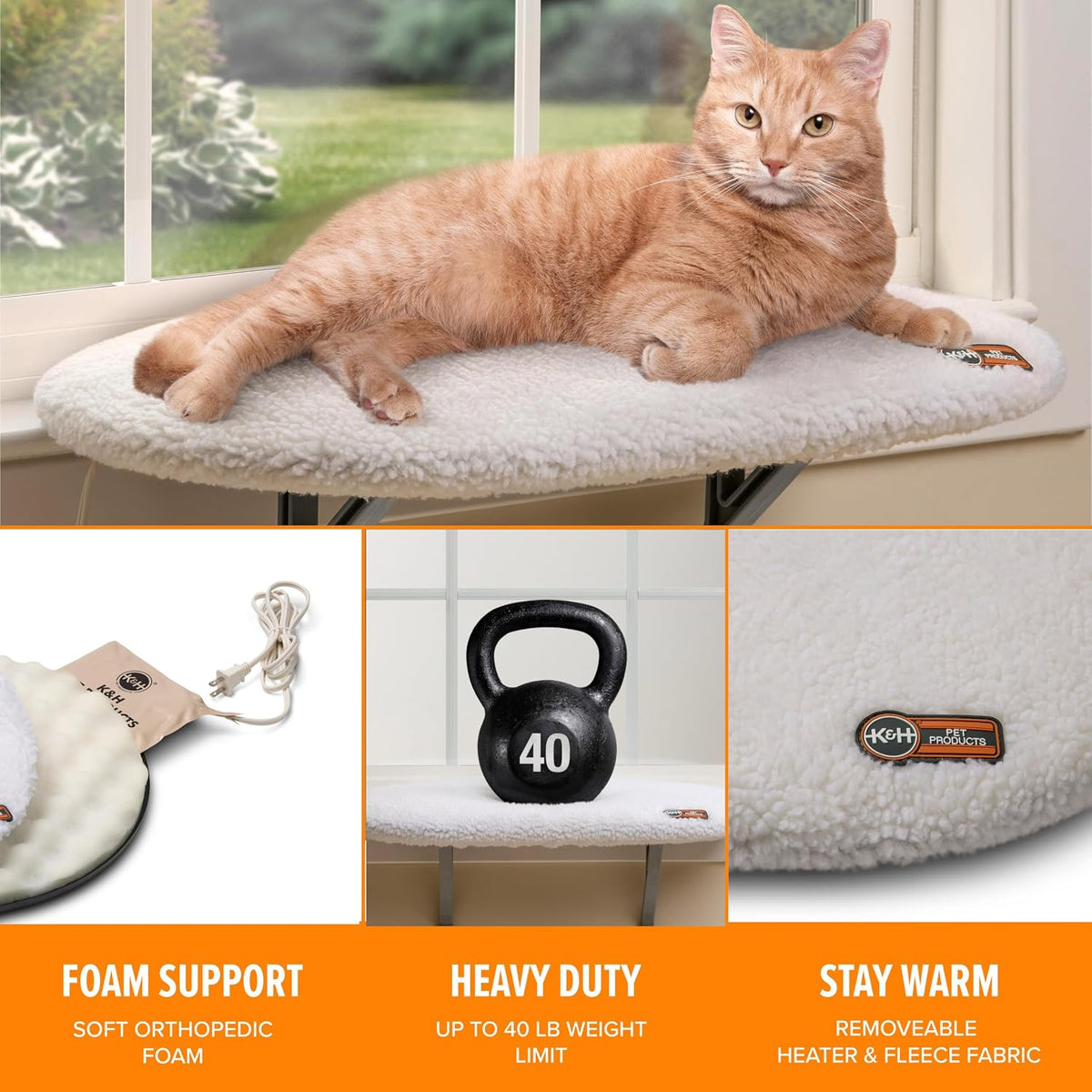 K&H Cat Window Perch, Heated Kitty Sill, Safety Listed, 24X14In, Fleece