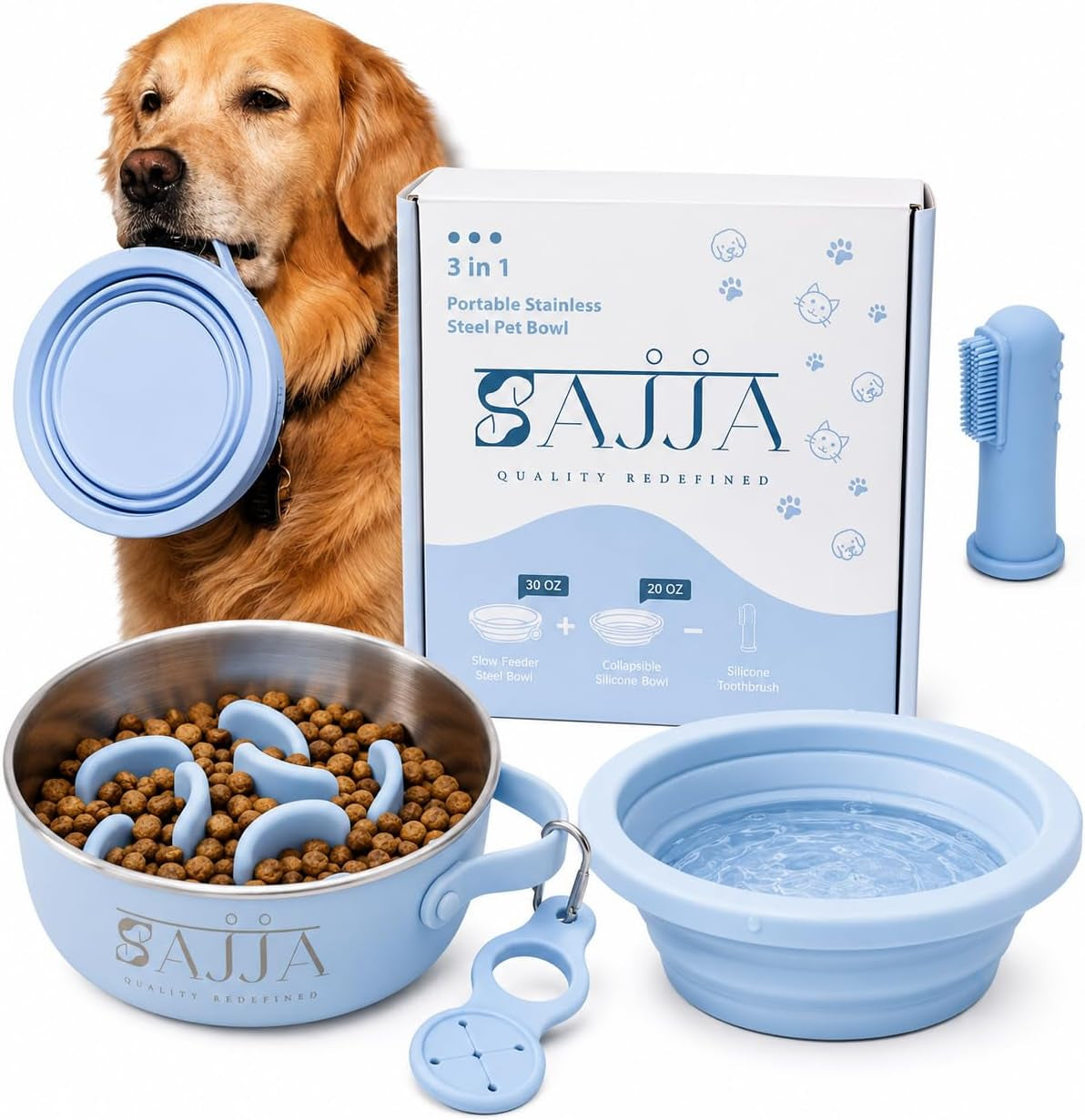 Blue Slow Feeder Travel Dog Bowl Set – 30Oz Stainless Steel + 20Oz Collapsible Silicone Dish + Silicone Slow Feeder Insert | Water Bottle Holder | Non-Slip, Anti-Choking, Bpa-Free – Claim