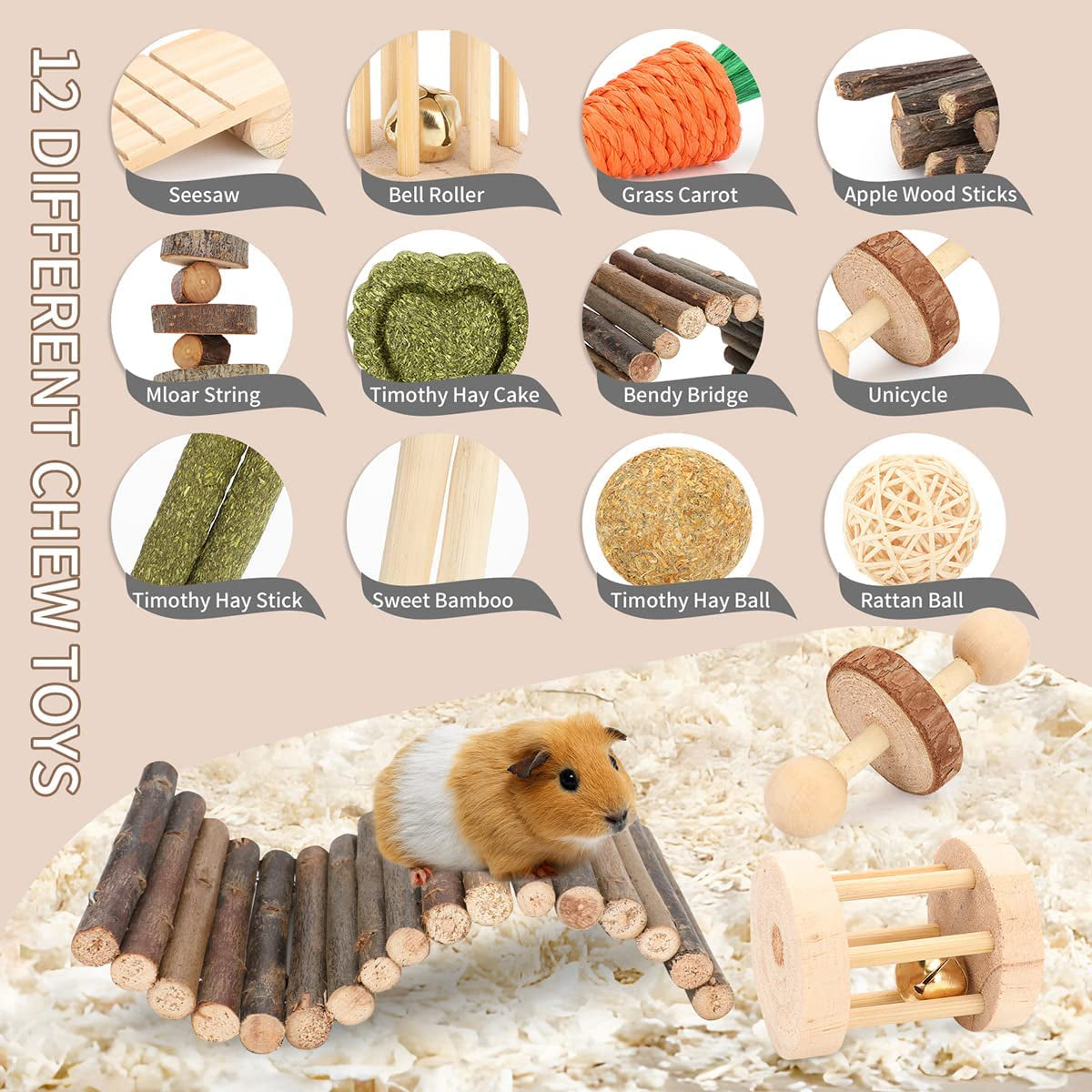 Hamster Toys Guinea Pig Toys Hamster Wheel Hamster Cage Accessories Small Animal Molar Chew Toys for Chinchillas,Gerbils,Mice,Rats,Mouse,Rabbit,Bunny Hideout Seesaw (12 Different Chew Toys)